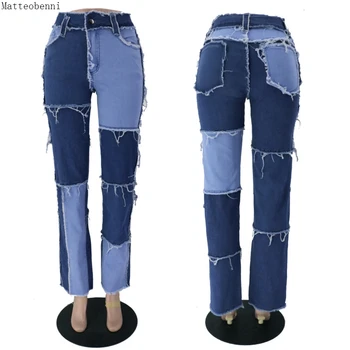 Moda Mozaik Skinny Kavbojke Straight Ženske 2020 Visoko Pasu Žepi Seksi Barvo Dame Jeans Hlače Denim Blue Hlače