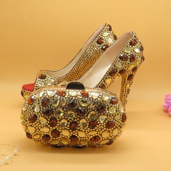 Moda Peep Toe Šampanjec, Kava Kristalno poročni čevlji Ženske v Visokih petah Platforma čevlji in torbice Fahion copati in vreča
