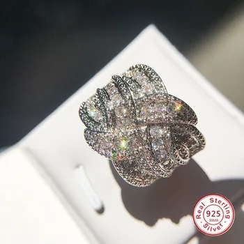 Moda Vezavi Navijanje Design resnično 5A Micropave Kristalno Cirkon kamen 925 sterling srebro Zaročni Prstan za ženske Luksuzni nakit