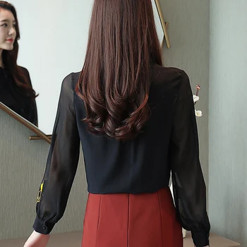 Novo 2021 Jeseni Dolg Rokav Black Šifon žensko Bluzo Majica Urad Dama Vezenje Slim Ženske Obleke Chemisier Femme 6094 50