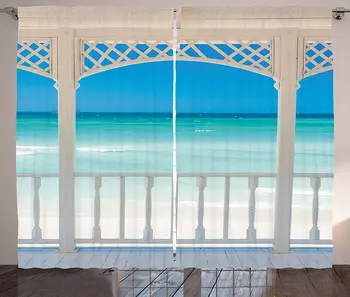 Obalne Okna Zavese Romantično Leseno Teraso s Pogled na Tropski Plaži na Kubi Paviljon Sliko, Dnevna Soba, Spalnica Dekor