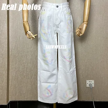 Plus velikost 5XL 2021 Nove Hlače ženske korejski Priložnostne white tie-dye naravnost hlače svoboden visok pas, jeans divje širok noge hlače