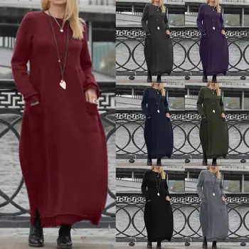 Plus Velikost Ženske Hoodies Obleko ZANZEA 2021 Bohemian Čipke Mozaik Maxi Priložnostne Obleko z Dolgimi Rokavi Vestidos Ženski Trdna Robe