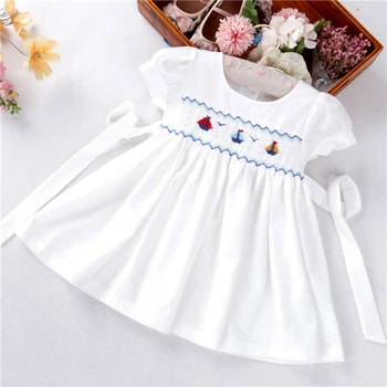 Poletje baby dekleta obleke bele smocked ročno izdelani navaden trdna bombaž Jadrnico otroci oblačila