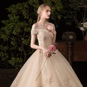 Poročna Obleka 2021 Nove Seksi Proti-vrat Žogo Obleke Off Ramo Princesa Letnik Romantično Šampanjec Poroko Dresse G43