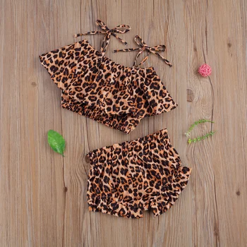 Pudcoco Newborn Baby Girl Obleke Ramenski Frenulum U-ovratnik Ogrlicom Camisole Cvet Leopard Tiskanja Vrhovi Hlače 2Pcs Obleke Set