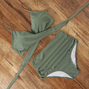 Push Up Kopalke Ženske Bikini Komplet 2021 Seksi Križ Povoj Trdna Kopalke Plus Velikost Biquini Plaža Obrabe, Visoko Pasu Kopalke