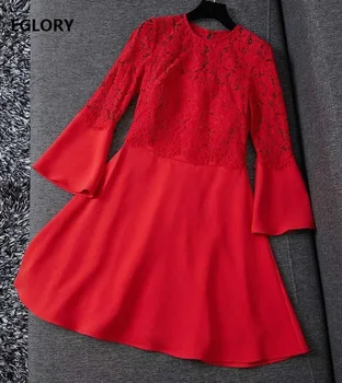 Rdeča Črna Stranka Žensk Obleko 2020 Jeseni, Pozimi Moda za Ženske Votlih Iz Čipke, Vezenine Flare Rokav A-Line Princesa Obleko