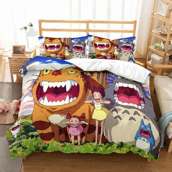 Risanka Totoro Posteljni Set 2/3Pcs Japonski Anime Temo Rjuhe Kritje z Prevleke Mikrovlaken Otrok Posteljno Perilo Set Home Tekstil