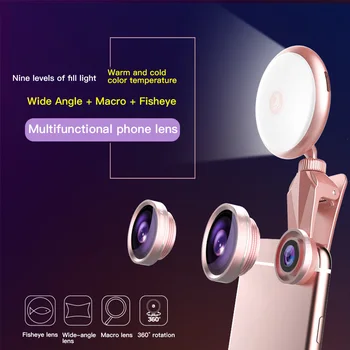 RK19S 9 Ravni Lepote Fill Light z Makro Wide Angle Fisheye Objektiv led Selfie Ring Flash svetlobe za mobilni telefon Ustrelil 4600K