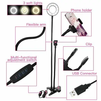 Selfie Flash Obroč Svetlobe + Mobilni Telefon, Držalo 24 LED Fotoaparat Dolgo Roko USB Posnetek Na USB10-Raven Svetlosti