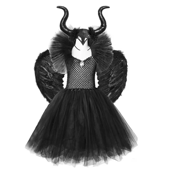 Solid Black Maleficent Halloween Kostume, Otroci, Dekleta, Tutu Obleko Ankel Dolžina Obleke Hudič Kostum Cosplay Obleke Rogovi Krila