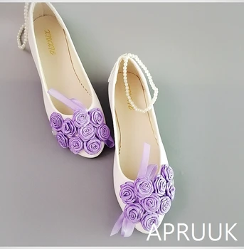 Vijoličen cvet stanovanj čevlji za ženske poročne nevesta dame, dekleta prom princesa obleko ples balet čevlji zapatos de novia