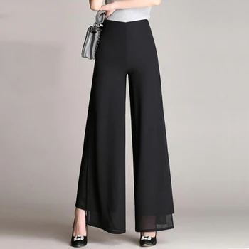 Vroče prodajo žensk poletje novo širok noge hlače visoko pasu dvojne plasti strani split šifon zadrgo ohlapno črno elegantno plesne hlače