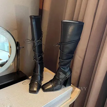 Vzletno-pristajalne steze kvadratni toe elastična slim Kolena visoki škornji za Ženske Ozkem Pasu Vozlane močen visoke pete, čevlji 2020 seksi Vitez dolgo čevlji