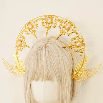 Zlato Dvojno rabo, ki je Krasen Deviška Boginja Lase Krono Letnik Kraljica Lolita Princess Cosplay Handwork Glavo KC Lase Hoop Headdress