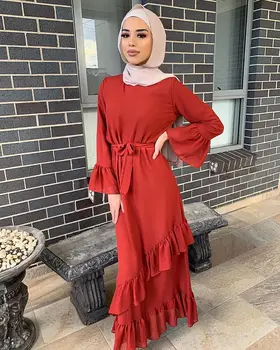Znoj Muslimanskih Kaskadne Ruffle Obleka Ženske Barva Čipke-up Slim Maxi A-linija Obleke Moroccak Kafan Elegantno Vestidos Islamsko