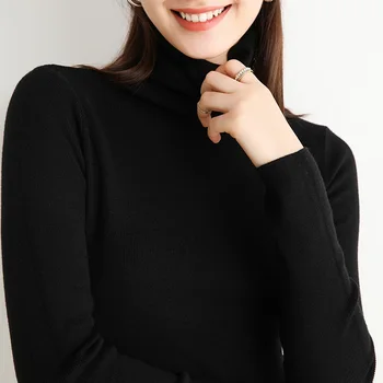 črna turtleneck puloverji za ženske pozimi toplo plesti pulover elastična slim seksi basicshirt klasičnih vrhovi ženska kratka jopica