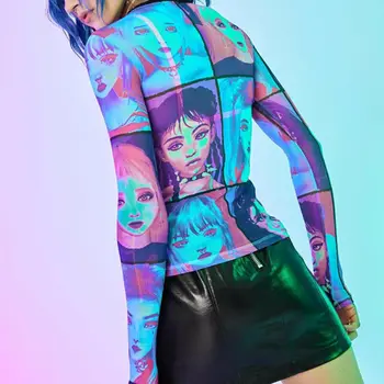 Ženske Harajuku Dolg Rokav Očesa T-Shirt Risani Obraz Grafični Mozaik Slim Vrhovi