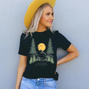Življenje Je lepo V Gozdu Sonce in Luna Graphic Tee Shirt gorah kampiranje Outsider T Srajce Ženska Bombaž Gozd Pohodniška Oblačila