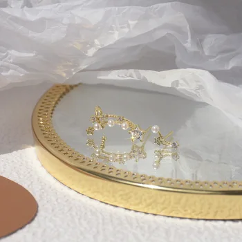 14k Resnično Zlata Modni Nakit Crystal Star Pearl Lepe Asimetrične Stud Uhani za Ženske Počitnice Stranka Elegantno Uhan