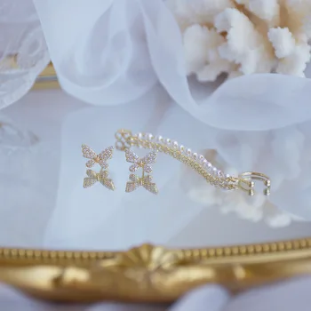 14k Resnično Zlata Modni Nakit Kristalno Metulj Dolge Verige Pearl Lepe Uhani za Ženske Počitnice Stranka Elegantno Uhan