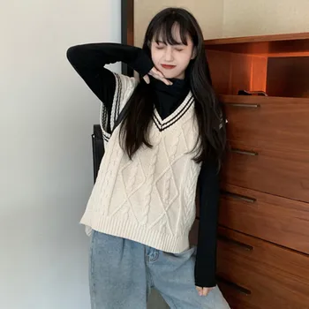 2 barvi 2020 korejski preppy stil Proti-vrat barvni mozaik v vratu telovnik puloverji ženske pletene puloverje (C9296)