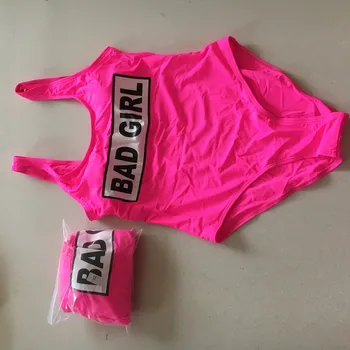 2018 Neon Roza Bad Girl Pismo Tiskanja Športne En Kos Kopalke Dres, Kopalke Monokinis Push Up Plavati Obleke trajes de bano ženske