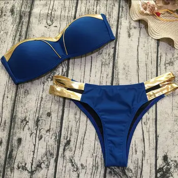 2019 Nove Ženske Bikini Komplet Kopalk Push Up Oblazinjeni Bandeaukini Porjavelost Trdna Kopalke Brez Naramnic Ženske Plažo Kopalke