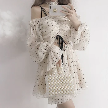 2019 Poletje Mori dekle Nov ženski Kawaii srce, ki tiskanja lolita mini Šifon Obleko trakov čipke brez naramnic dolgimi rokavi ženske obleke