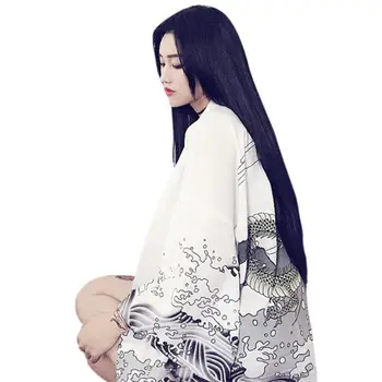 2020 Kimonos Ženske Japonski Kimono Zmaj Valovi Tiskanja Jopico Majica Ženska Yukata Poletje Šifon Bluzo