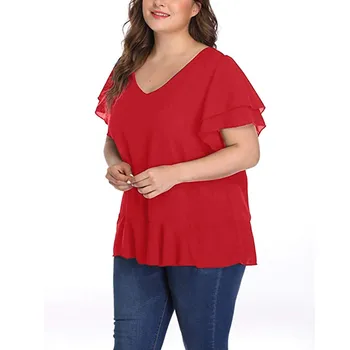 2020 Novo Bluze Za Ženske Vrh Trdna Plus Velikost Kratek Rokav V Neck Majica Ruffle Rokav Bluzo Vrhovi Plus Velikost Bluzo Femme Oblačila