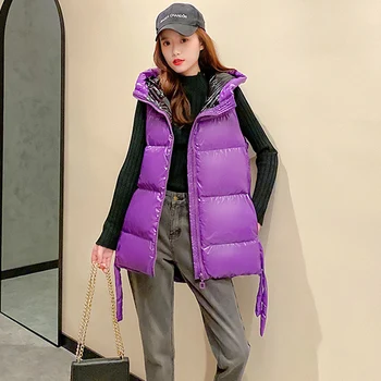 2020 Zimske Ženske Dolgo Telovnik Sijoče Trdna Hooded brez Rokavov Suknjič Plus Velikost Stojala za Ovratnik Bombaž Debel Oblazinjeni Priložnostne Outwear