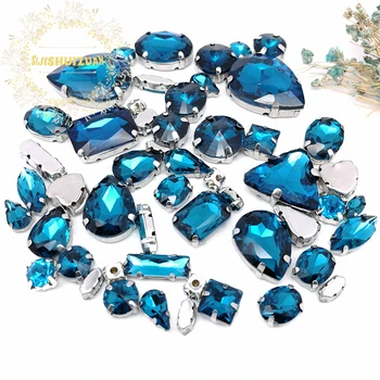 58pcs 10shapes 25sizes Mix Peacock blue oblike in velikosti Steklo, Kristal okrasnih srebrno dnu DIY pribor za Oblačila