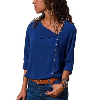 9 barvno 6 velikost Bluzo 2020 Nezakonitih Skew Ovratnik Gumb Ženske Bluzo Elegantna Urad Ženske Solid Majica Priložnostne Feminina Vrhovi