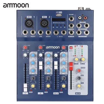 Ammoon F4-USB Digitalni Zvočni Mešalnik 3 Kanal Mic Linija Avdio Mešalne Mešalne Konzole z 48V Fantomsko Napajanje za Snemanje DJ Glasba