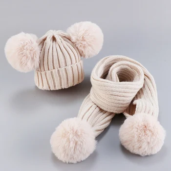 Baby Obleko 2020 Novo Zimsko Pokrivalo Za Fante, Nit Barvo Ujemanje Volnene Žogo Otrok Klobuki Baby Knitting Klobuki Niz Kapo In Šal
