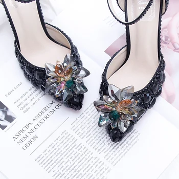 BaoYaFang 2019 NOVO PRISPELI Black Crystal Poročni čevlji Ženska Tanke pete konicami prstov Poročne Stranka obleko čevlje velik obseg Čevlji