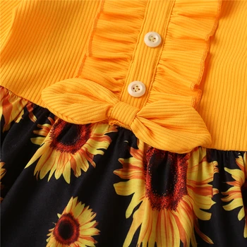 CANIS 2020 Jeseni Otroci, Dekleta, Sončnice Obleko Obleke z Dolgimi Rokavi, Tiskanje Bowknot Koleno Dolžina A-Line Oblačenja 1-6Y