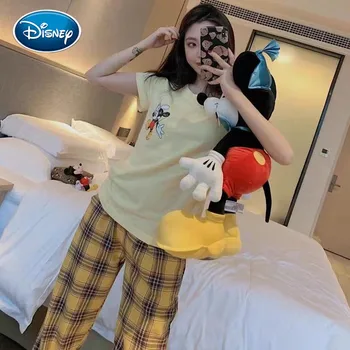 Disney Mickey Kratek Rokav Kariran Rezervoar Svoboden Priložnostne Ženske Pižame Nastavite Risanka Kratek Rokav Domov Nosijo Pižamo Mleko Svilene Set
