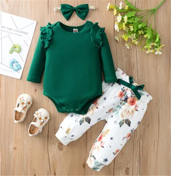 Dojenčka Iztrgana 3 Kos Obleke, Obleke, Dolg Rokav Plesti Romper Rokavi Top + Cvetlični Hlače + Lok Glavo
