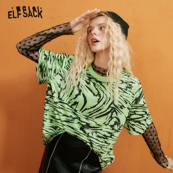 ELFSACK Harajuku Leopard Priložnostne Majice Ženske Vrhovi,2020 Jeseni ELF Zelene Trakove Kratek Rokav korejske Ženske Dnevno Osnovne Tee