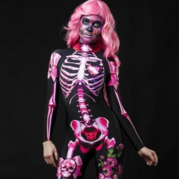 Halloween Cosplay Kostume Okostje Tiskanja Jumpsuits Ženske Dolge Rokave Slim Fit Romper Človeško Okostje Kostum S-2XL