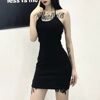 InsDoit Ženske Seksi Gothic Povodcem Črna Mini Obleka Harajuku Pismo Tiskanja Bodycon Obleko Ulične Backless Visoko Pasu Režejo Obleko