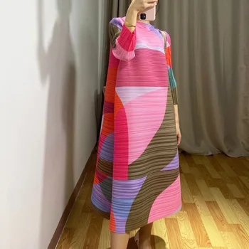 Jeseni leta 2020 poletje priložnostne sundresses stojalo ovratnik geometrijski vzorec tiskanje velikih velikosti modi Miyake nabrano obleko 903