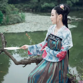Kitajski Folk Dance Kostum Hanfu Ženske Ženski Stari Princesa Festival Stage Performance Cvjetnim Natisne Tradicionalna Oblačila