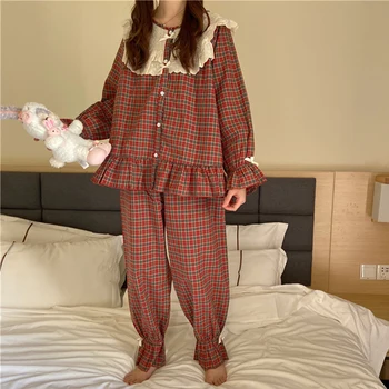Korejski Letnik Kariran Pižamo Nastavite Ženske Modni Ruffle Sleepwear Priložnostne Mori Dekleta Outwear Doma Obleko Srednjeveški Flare Rokav S1025