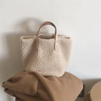 Korejski moda belo barvo jagnje, plišastih torbici ženske Veliko zmogljivosti tote vrečke Ponaredek Krzno nakupovalno vrečko 2019 nove zimske izdelki