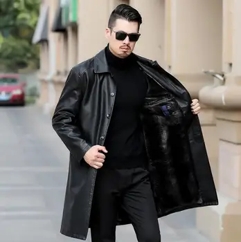 Krzno ovratnik usnjeni plašči moške dolg plašč mens usnje jarek coats jesensko zimski modni črno priložnostne oče nositi oblačila, M - 4XL