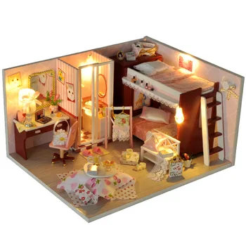 Lutka Hiša Leseno Pohištvo Diy Hiša Miniaturni Polje Puzzle Sestavite 3D Miniaturas Lutke Kompleti za Igrače Za Otroke, Darilo za Rojstni dan